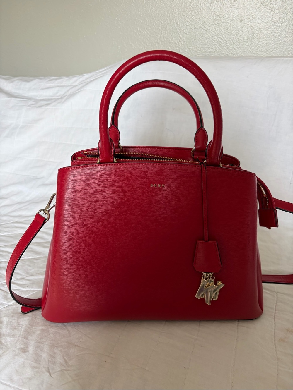 DKNY Cherry Red Saffiano Leather Satchel Bag with Gold Hardware